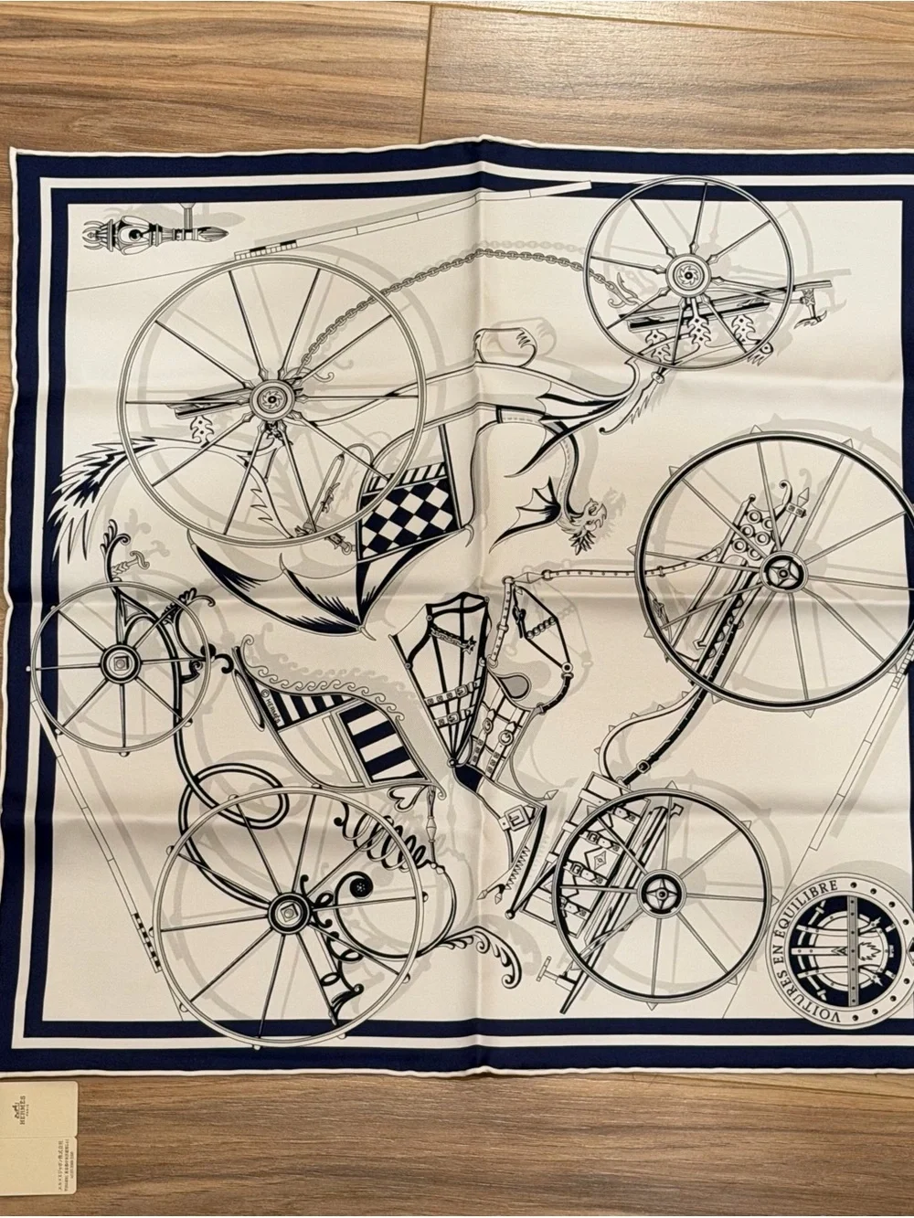 Authentic Hermes Hermès Voitures en Equilibre 45 Silk Scarf Navy and White